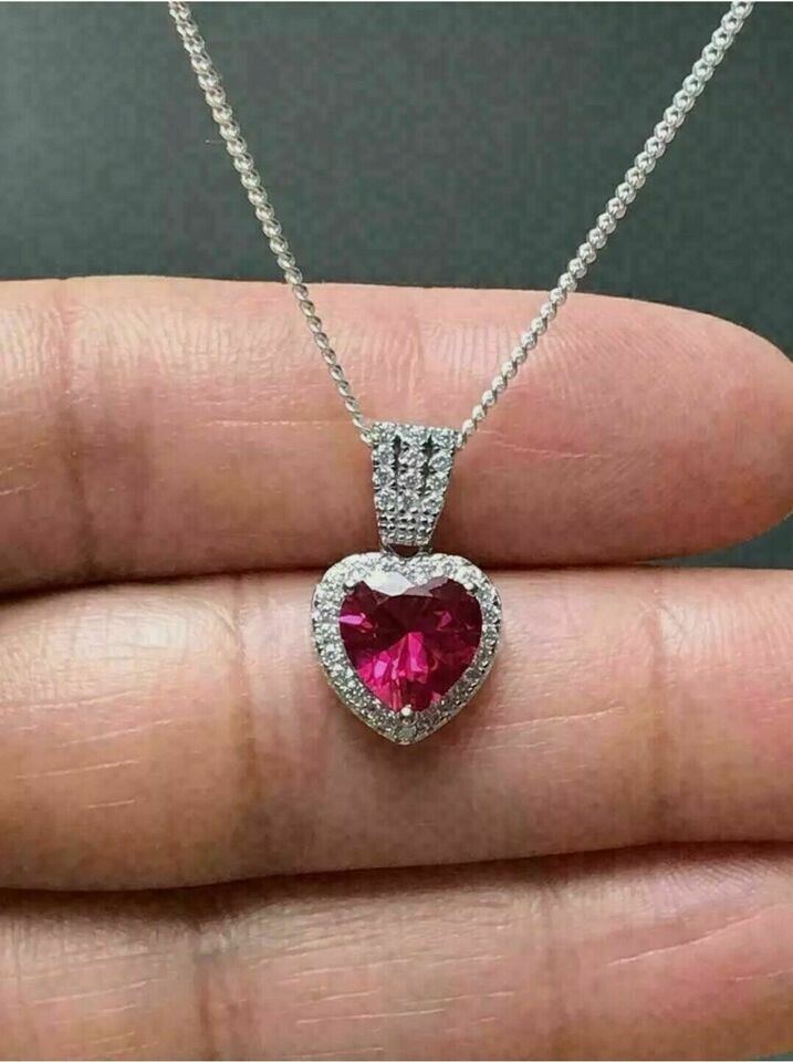 2.00Ct Heart Cut Pink Ruby Halo Pendant Women’s 14K White Gold Finish Free Chain