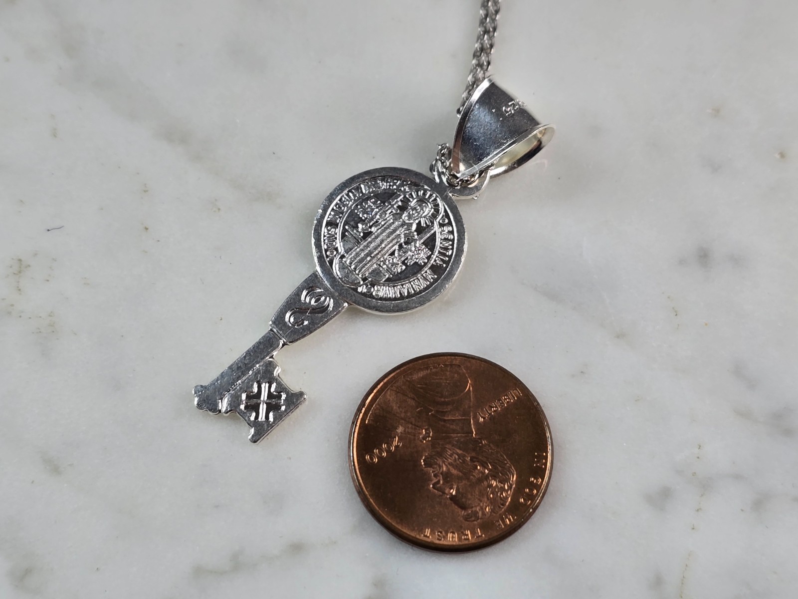 Womens Sterling Silver Religious Saint Benedict Key Pendant Necklace 4.9g E5823