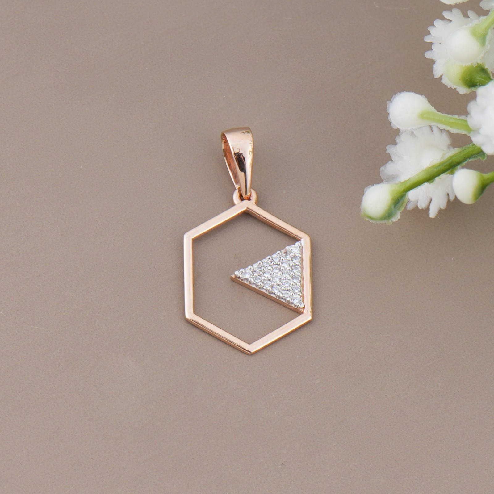925 Sterling Silver Rose Gold Hexagon Pendant CZ Diamonds Unique Design