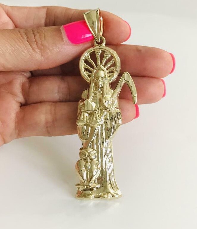 10K Solid Gold Grim Reaper Pendant, 3.34″ 10K Gold Santa Muerte Pendant – G120