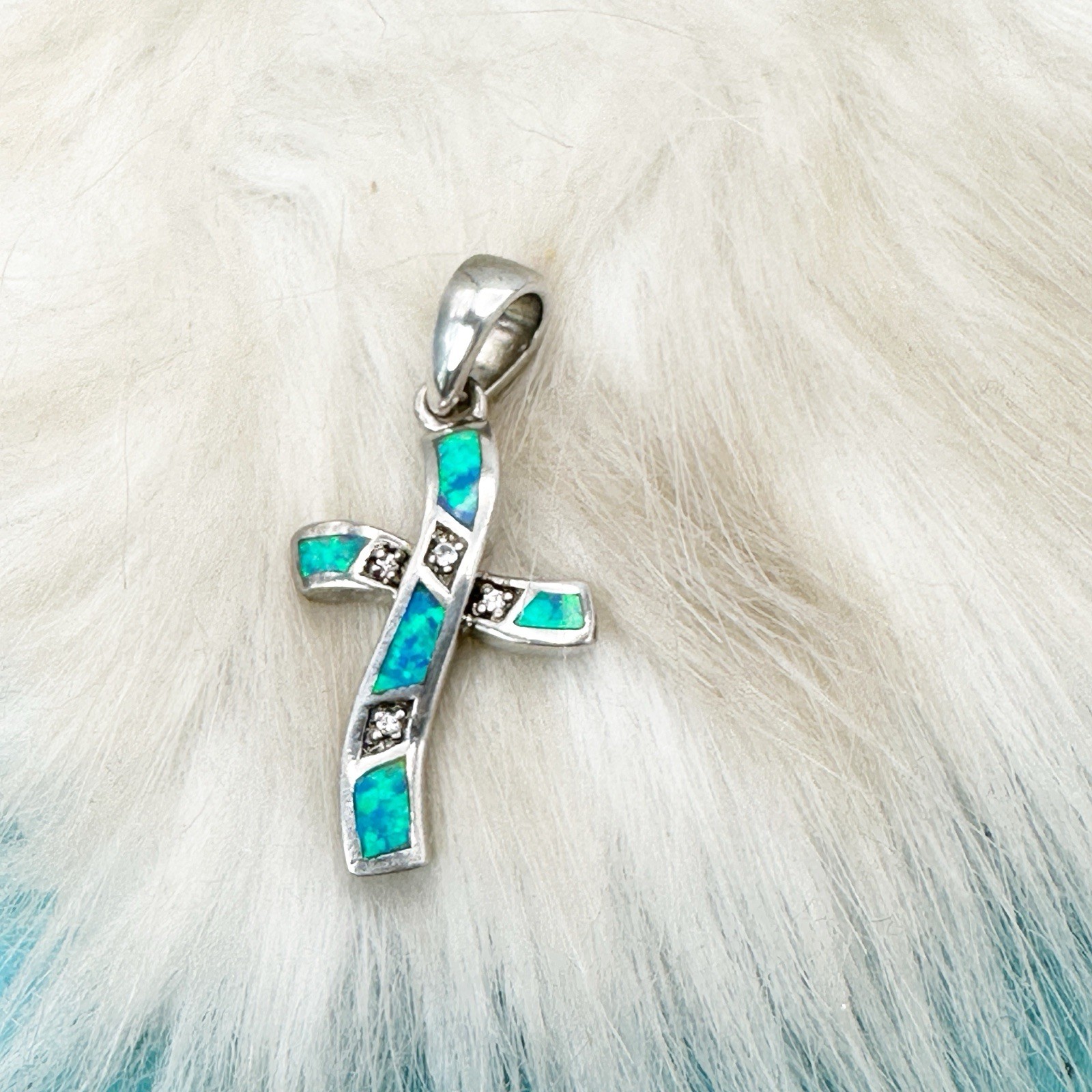 Opal Crystal Sterling Silver Cross Pendant 925 Signed 1 1/4″