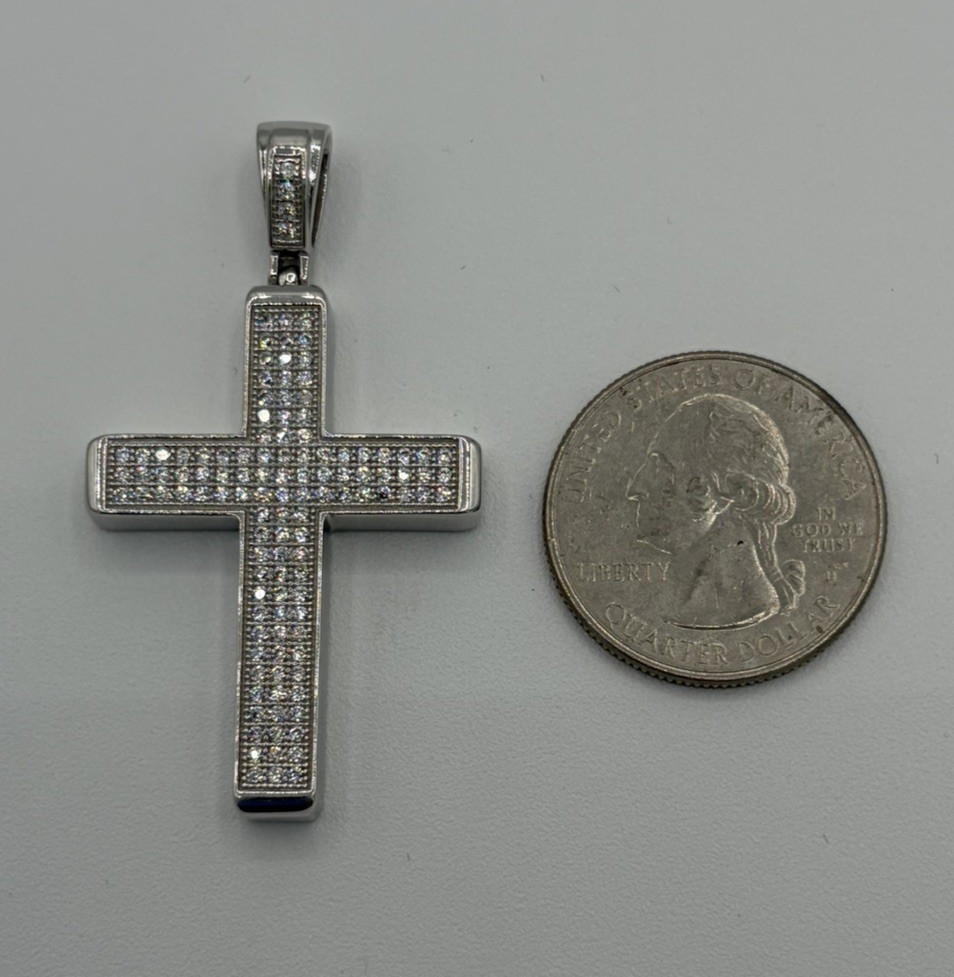 925 Sterling Silver Religious Cross Pendant Round CZ 1.95″ 9.42g