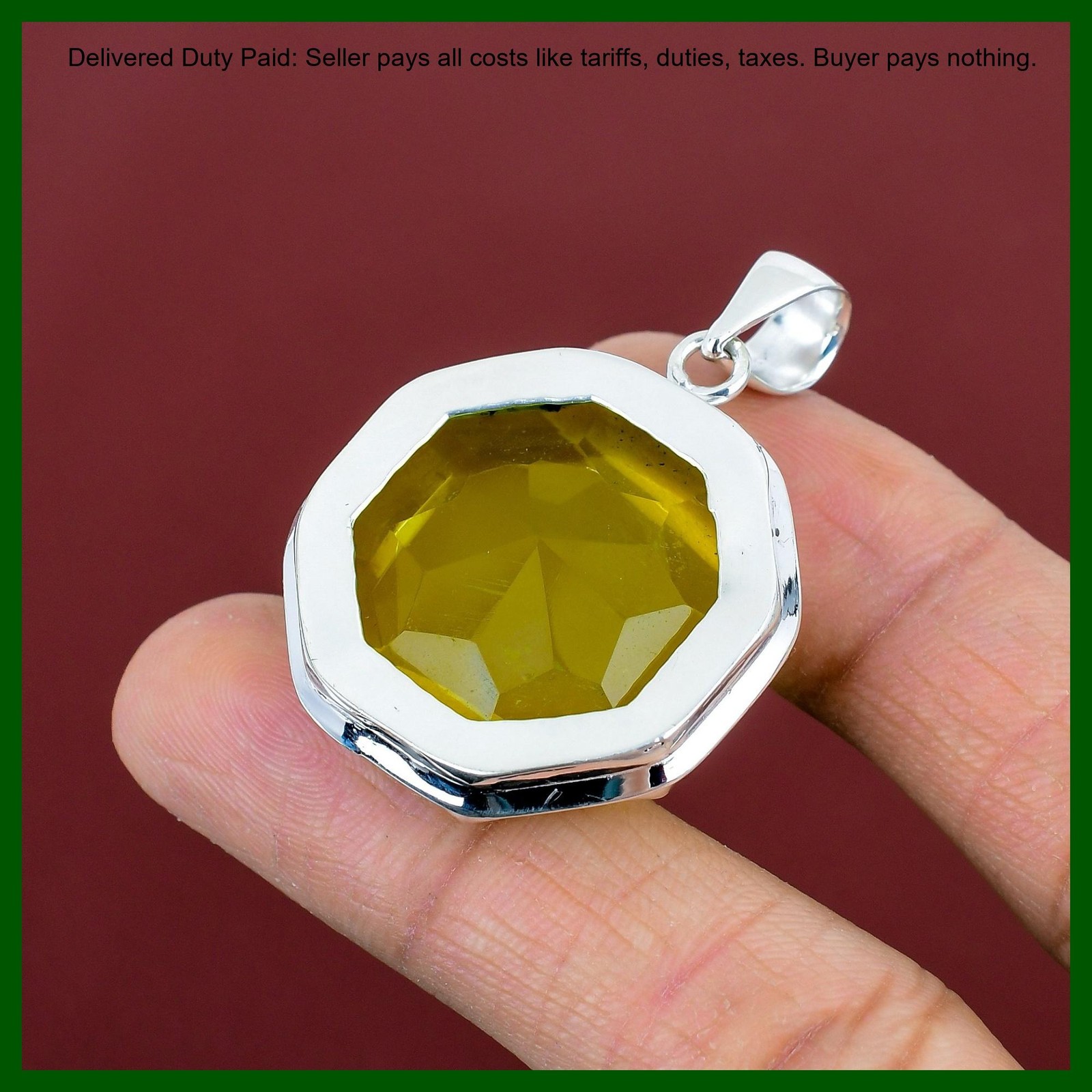925 Silver Natural Lemon Topaz Bezel Art Deco Unique Engagement Birthday Pendant
