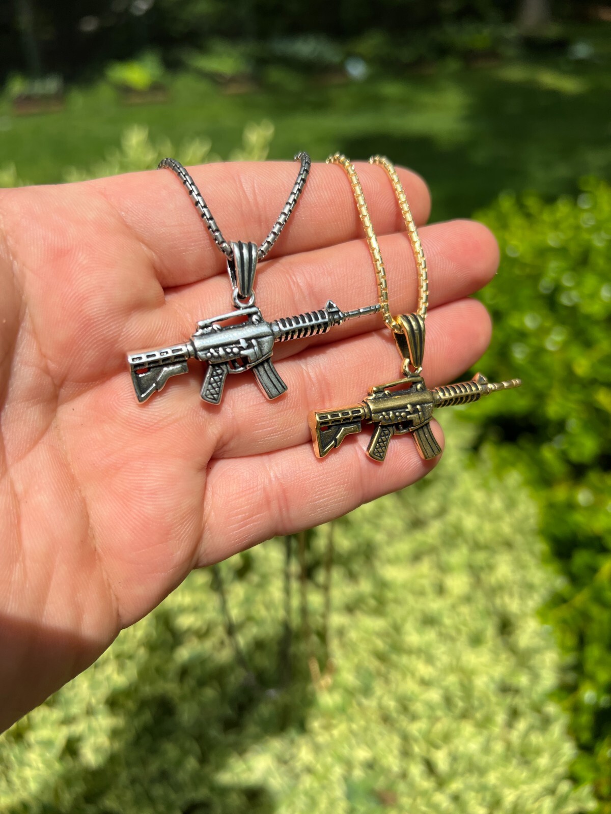Real 925 Silver / 14k Gold Plated AR Gun Rifle Pendant Necklace Military Charm