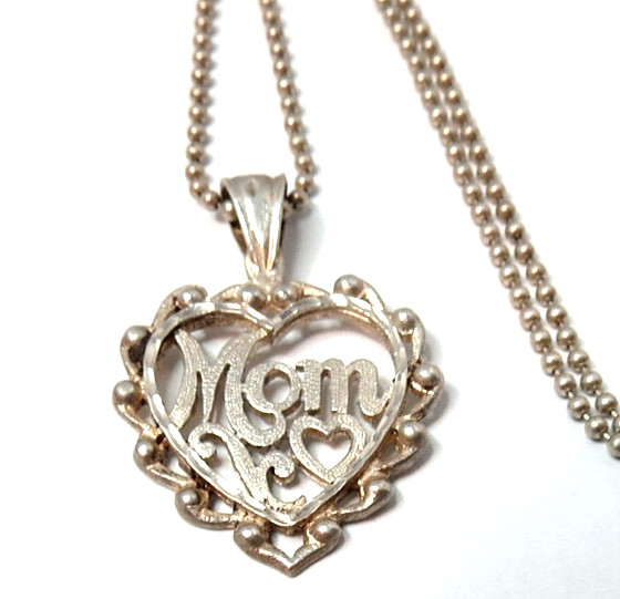 VINTAGE HEART LOVE MOM 925 STERLING SILVER PENDANT NECKLACE CHAIN 16″ LONG
