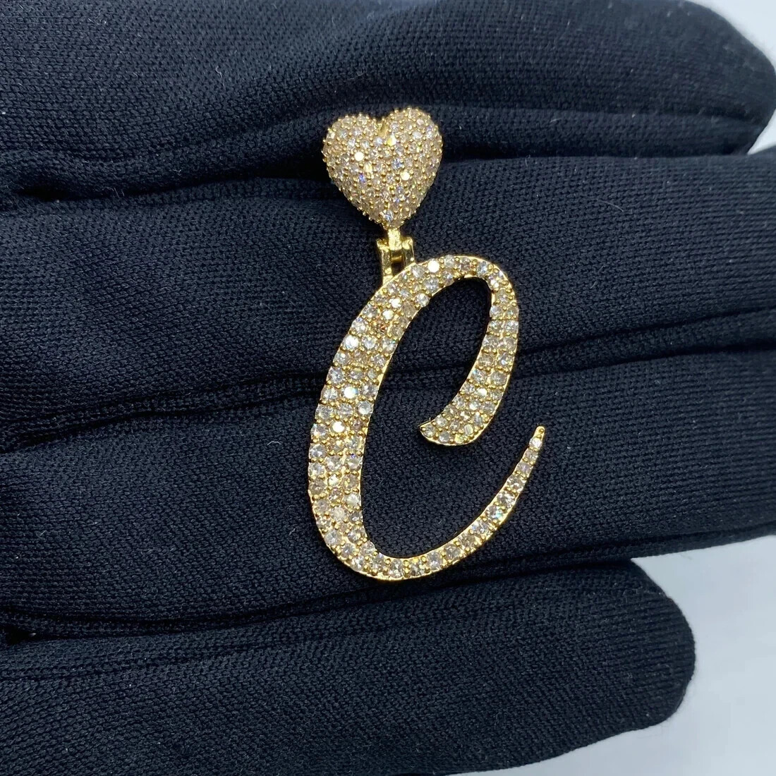 2Ct Real Moissanite Men’s Custom Letter “C” Heart Pendant 14K Yellow Gold Plated