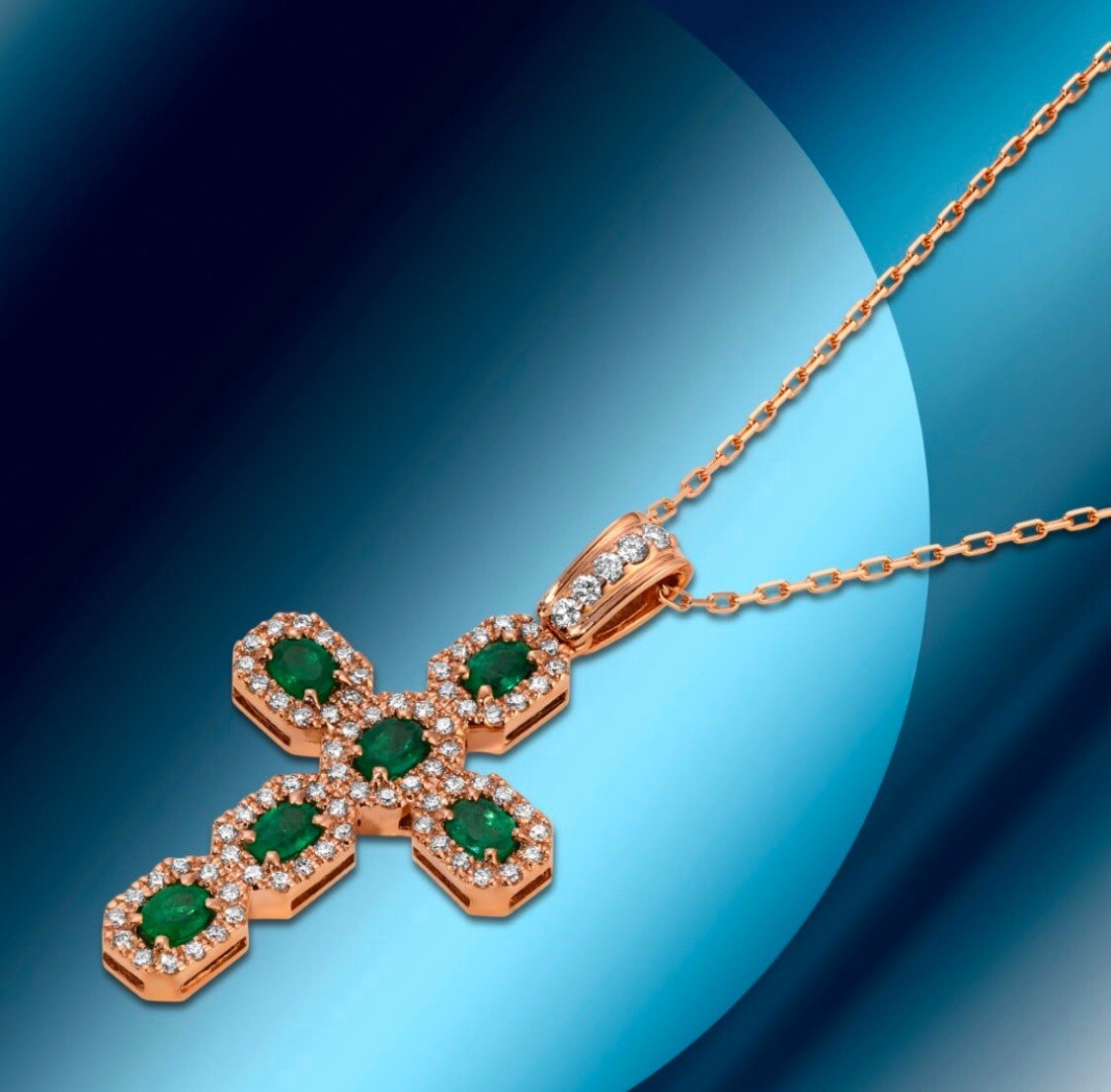 14K Gold 1.22cts Emerald & 0.55cts Diamond Pendant Cross