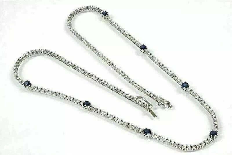 8Ct Moissanite Diamond & Sapphire Tennis Women’s Necklace 14K White Gold Plated