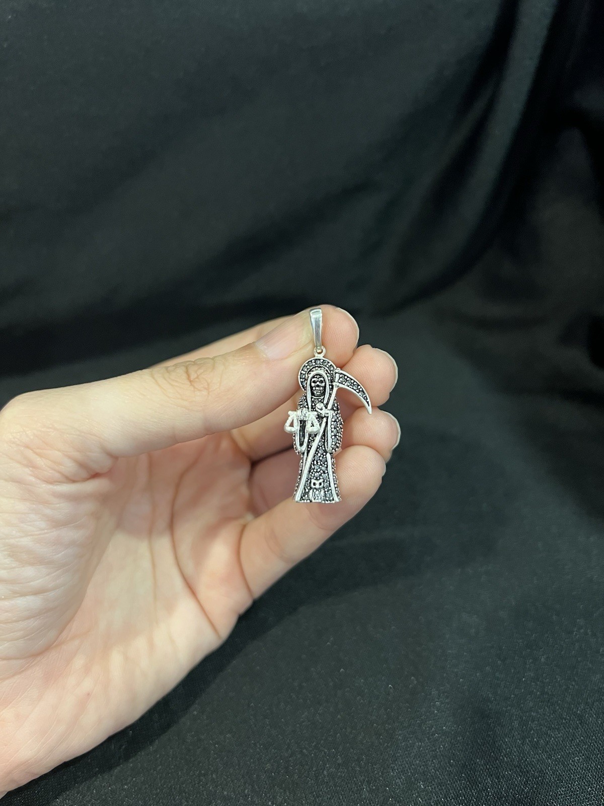 925 Sterling Silver Mens Womens Small Stones Santa Muerte Grim Reaper Pendant
