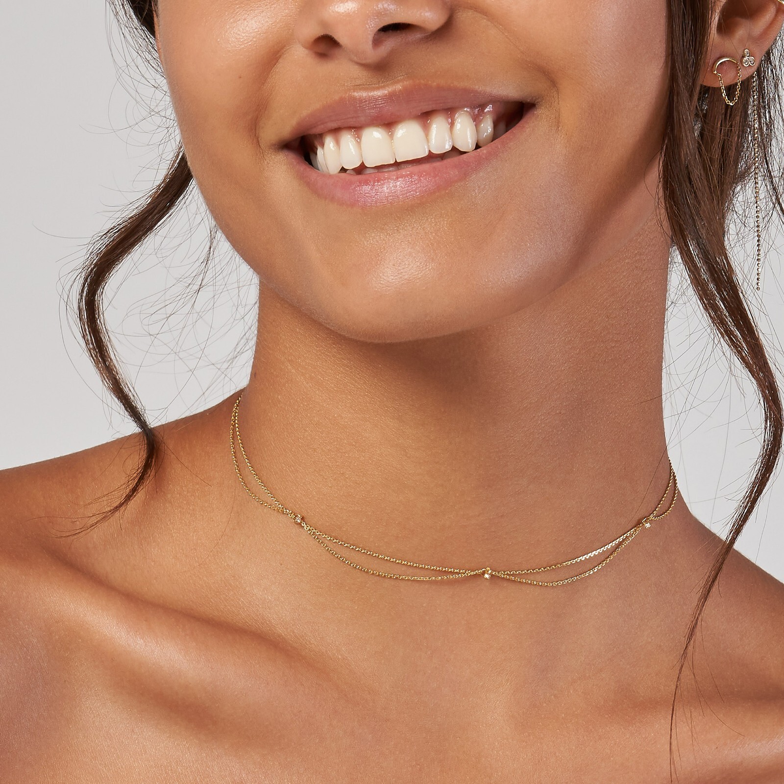 Diamond Charm Choker Necklace Real 14K Solid Gold Adjustable Cable Chain Women