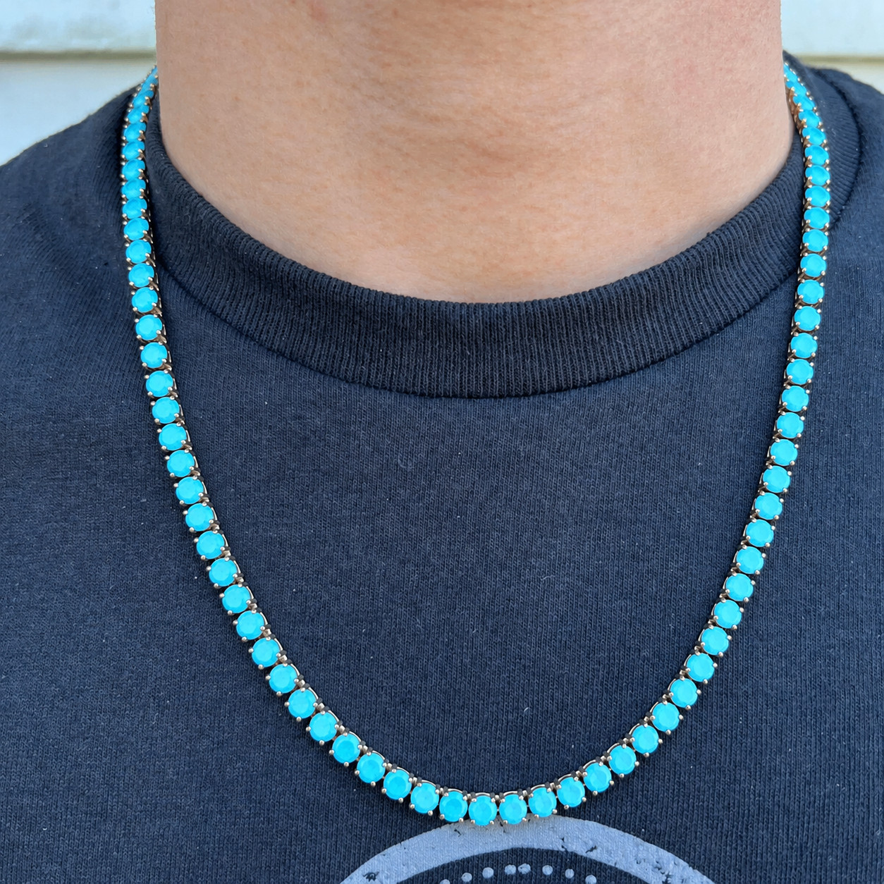 3MM Sky Blue Turquoise Tennis Necklace 14K White Gold Plated 17″ Unisex