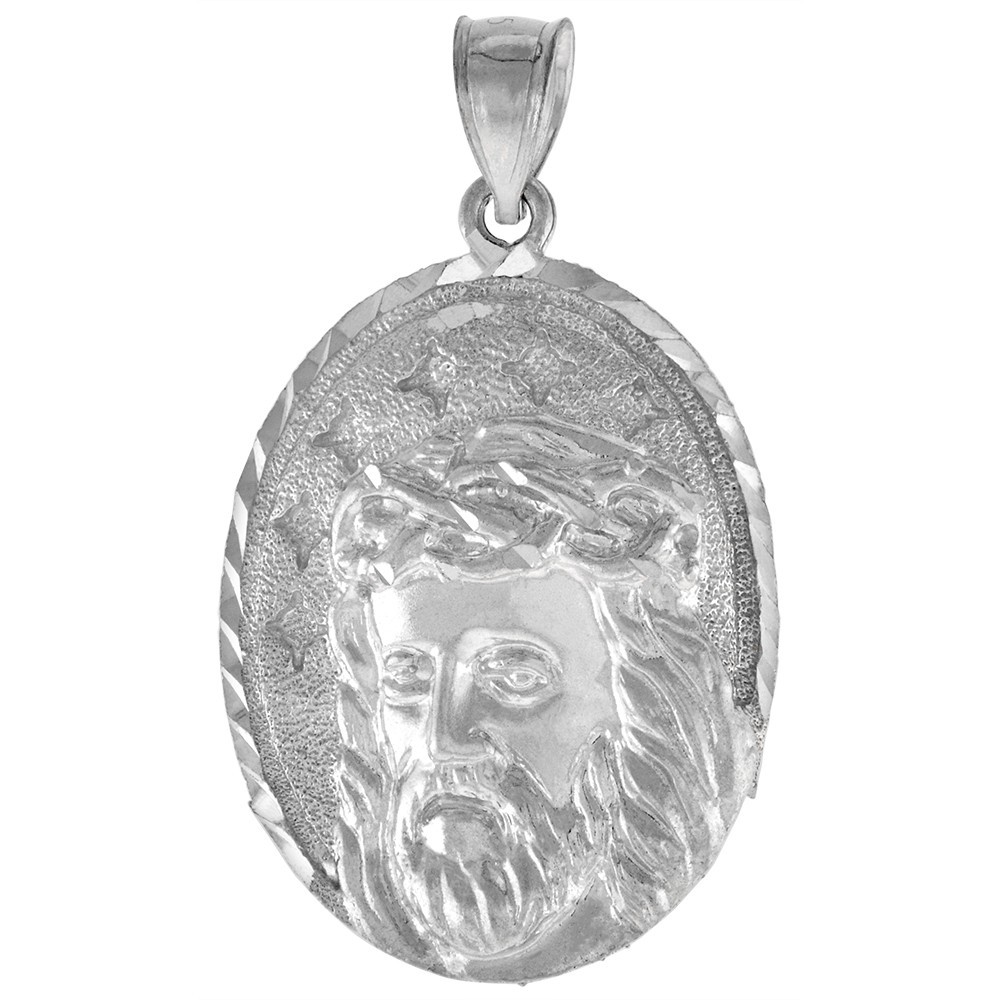 925 Sterling Silver Jesus Christ Head Oval Pendant 1 3/16 (30mm) Inch Tall