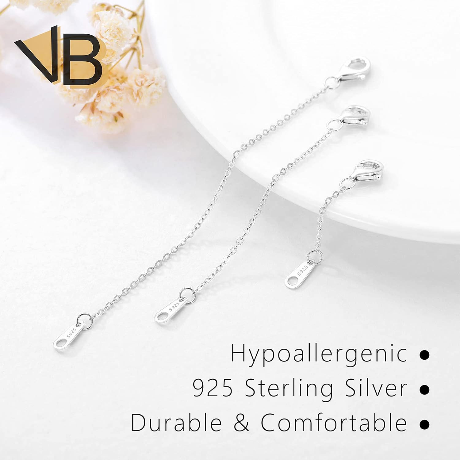 Sterling Silver Necklace Extenders for Women Silver Cha 3 Piece Set (1,2,3 Inch)