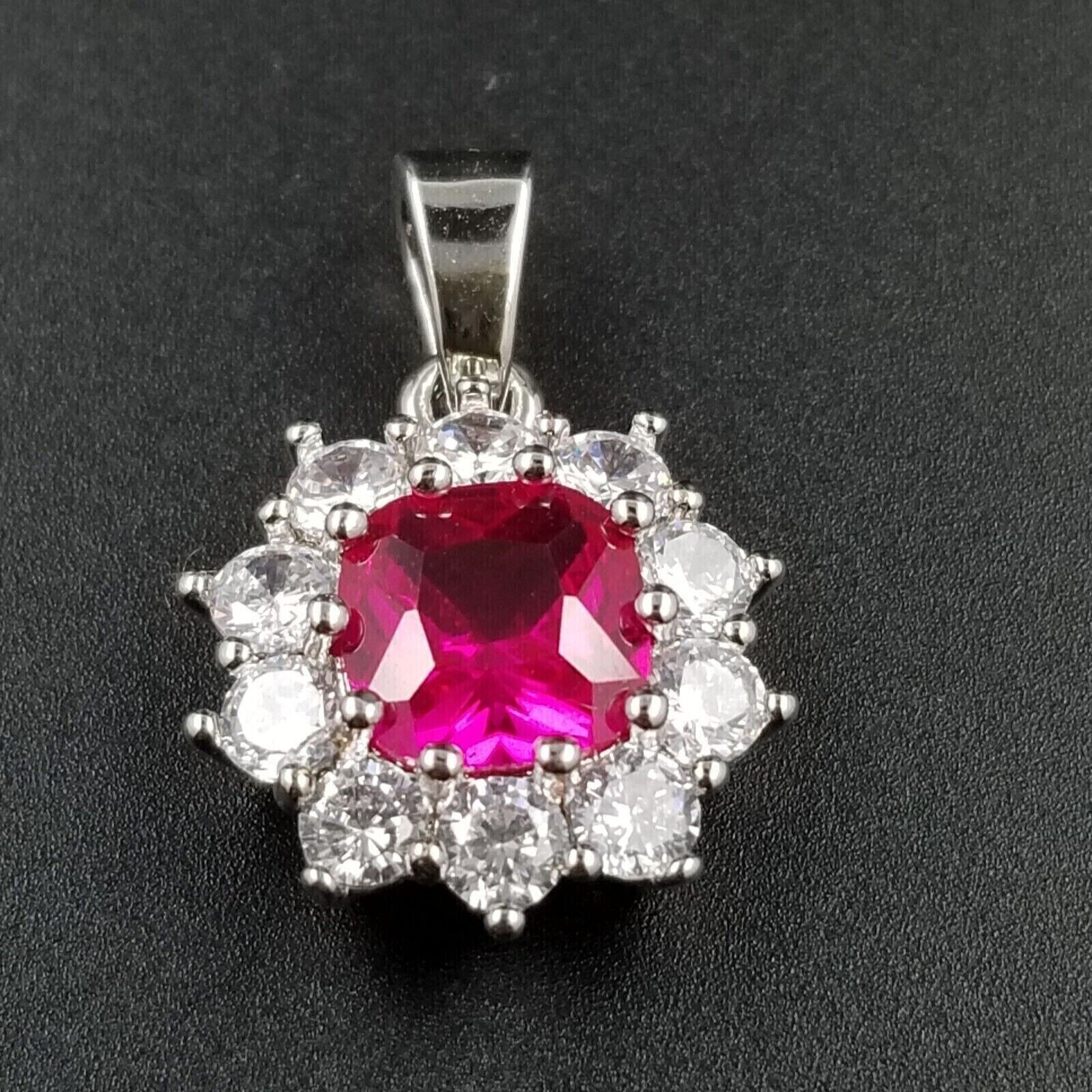Delicate 2.60Ct Cushion Lab-Created Pink Ruby Halo Pendant 14k White Gold Plated