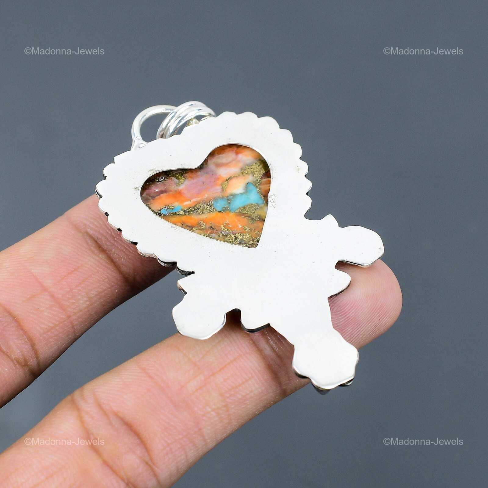 925 Sterling Silver Heart Natural Spiny Oyster Copper Turquoise Pendant Jewelry