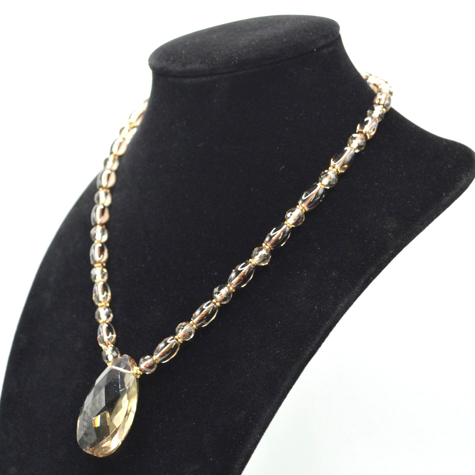 Smoky Quartz Beaded Necklace 14K Gold Clasp Faceted Teardrop Pendant 16in