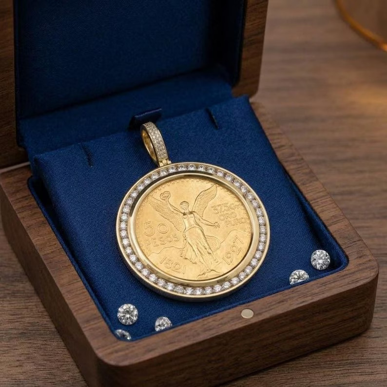 50 Pesos Coin Pendant Lab Diamond Bezel 14K Gold Plated Centenario Medallion