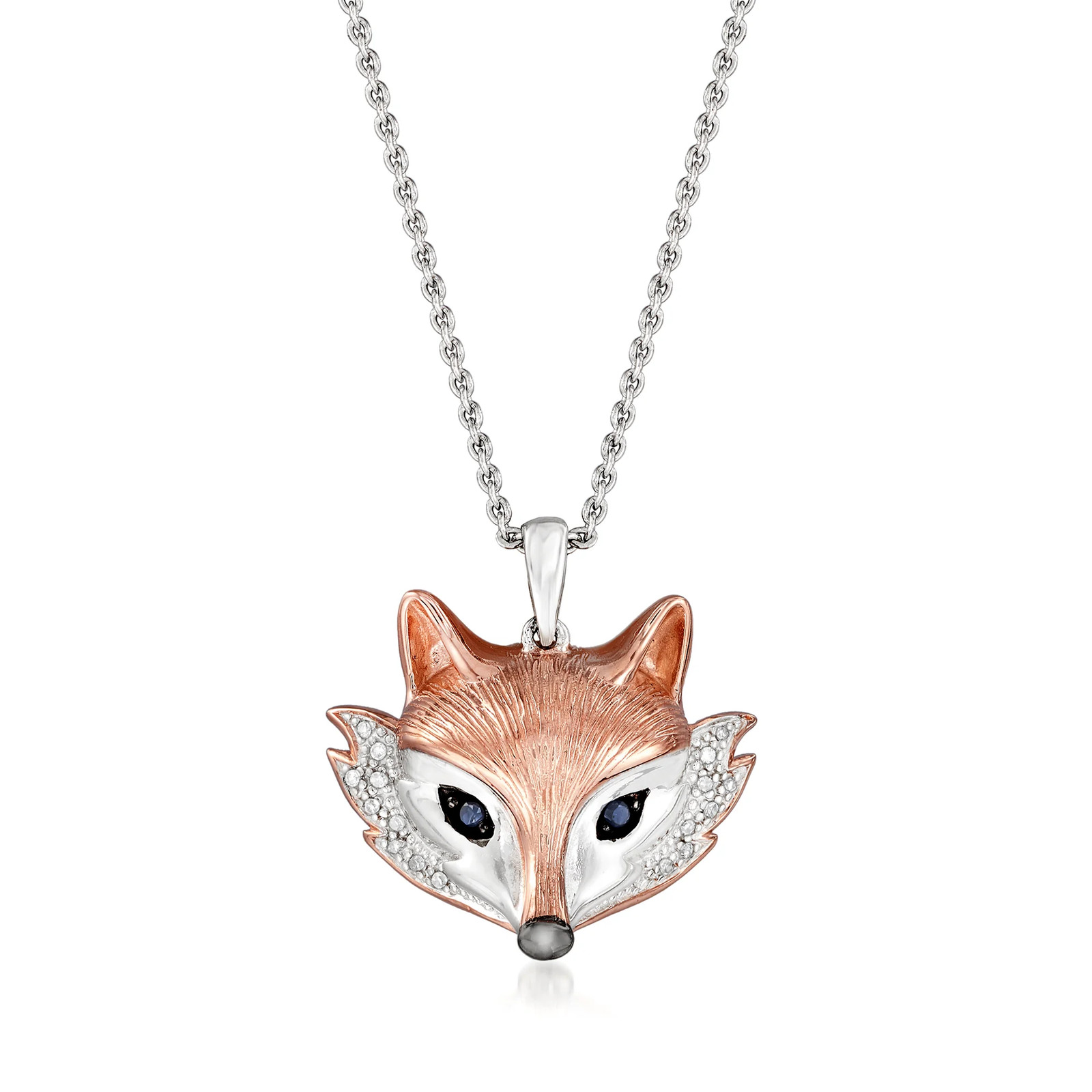 Silver & 18k Rose Gold Plate Fox Ncklc w Diamonds & Sapphires 20 inches
