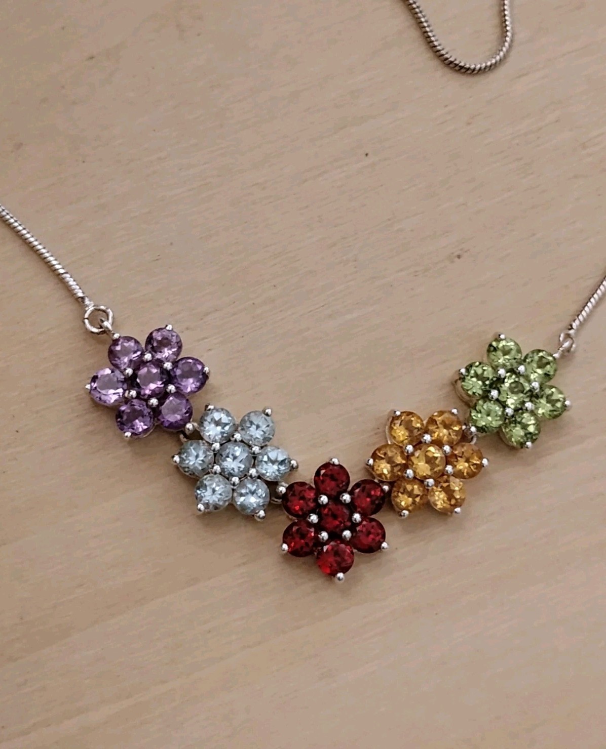 Thai Sterling Silver 925 Multi-Gem Floral Necklace Garnet Amethyst Topaz 20.5″