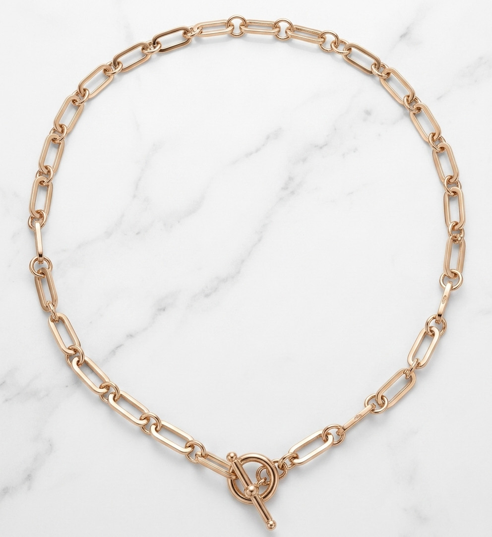 Technibond Paper Clip Chain Necklace Toggle Lock 14K Yellow Gold Plated Silver