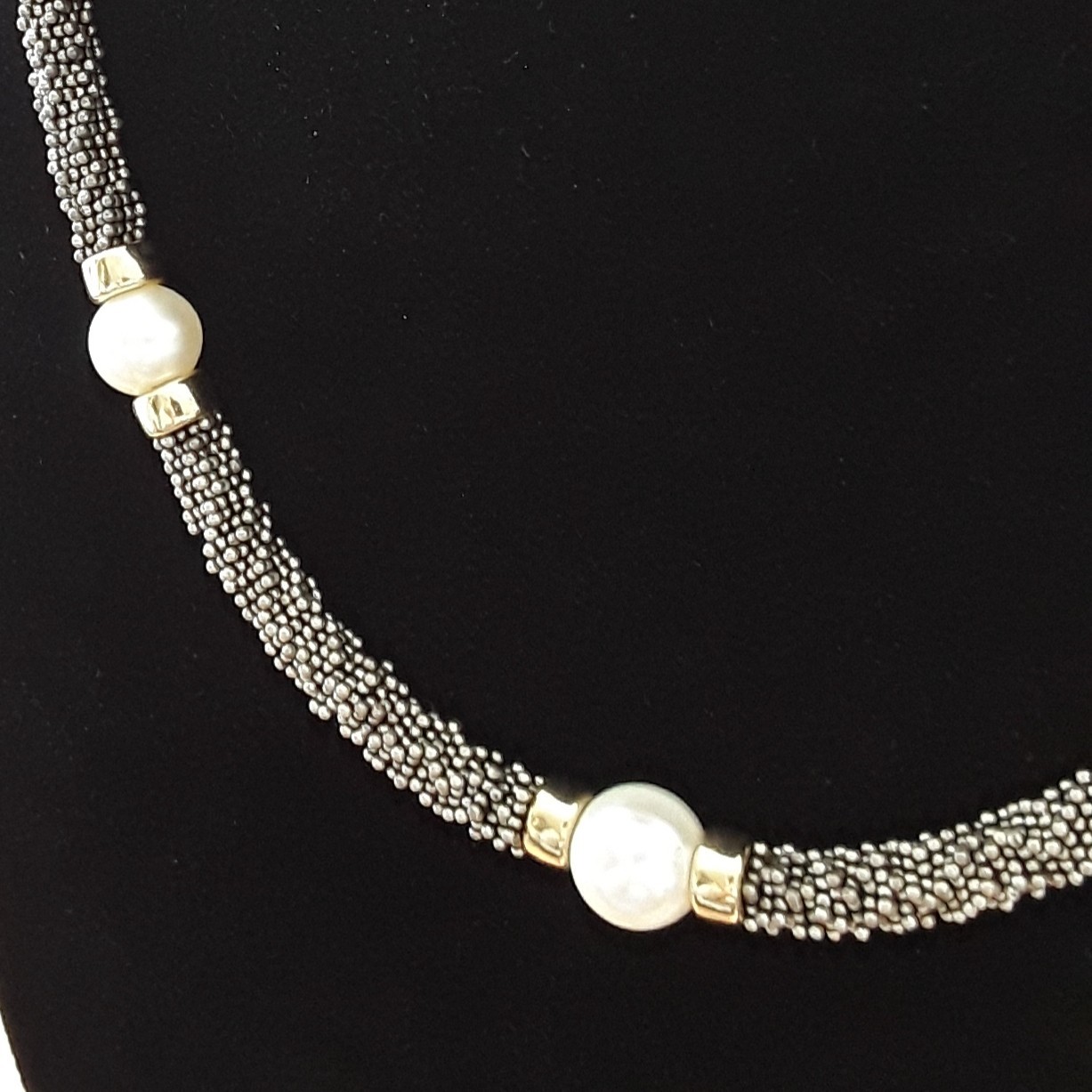 Elegant 16″ Sterling Silver Bead Necklace with Pearls and 14K Yellow Gold