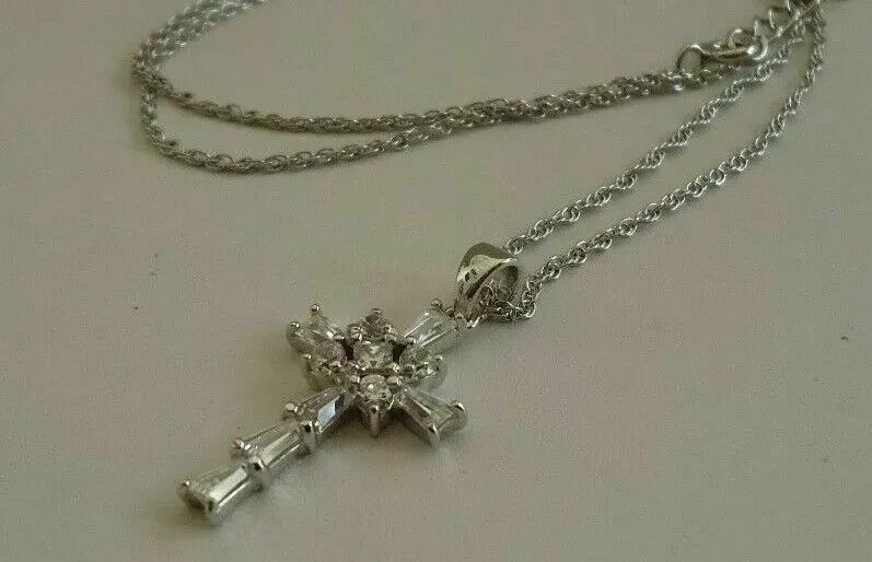 1.30Ct Baguette Cut Diamond Cross Pendant 14K White Gold Finish With 18″Chain