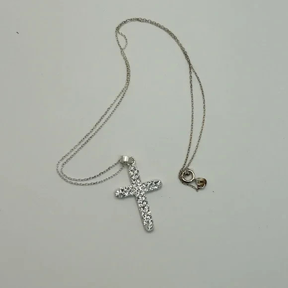 Sterling Silver Crystal Cross Necklace 17″ Stamped 925 Italy Dainty Unbranded