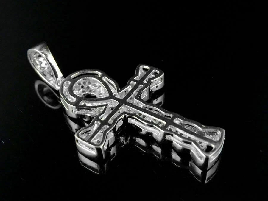 2Ct Round Cut Diamond Cuban Link Style Ankh Cross Pendant 14k White Gold Finish