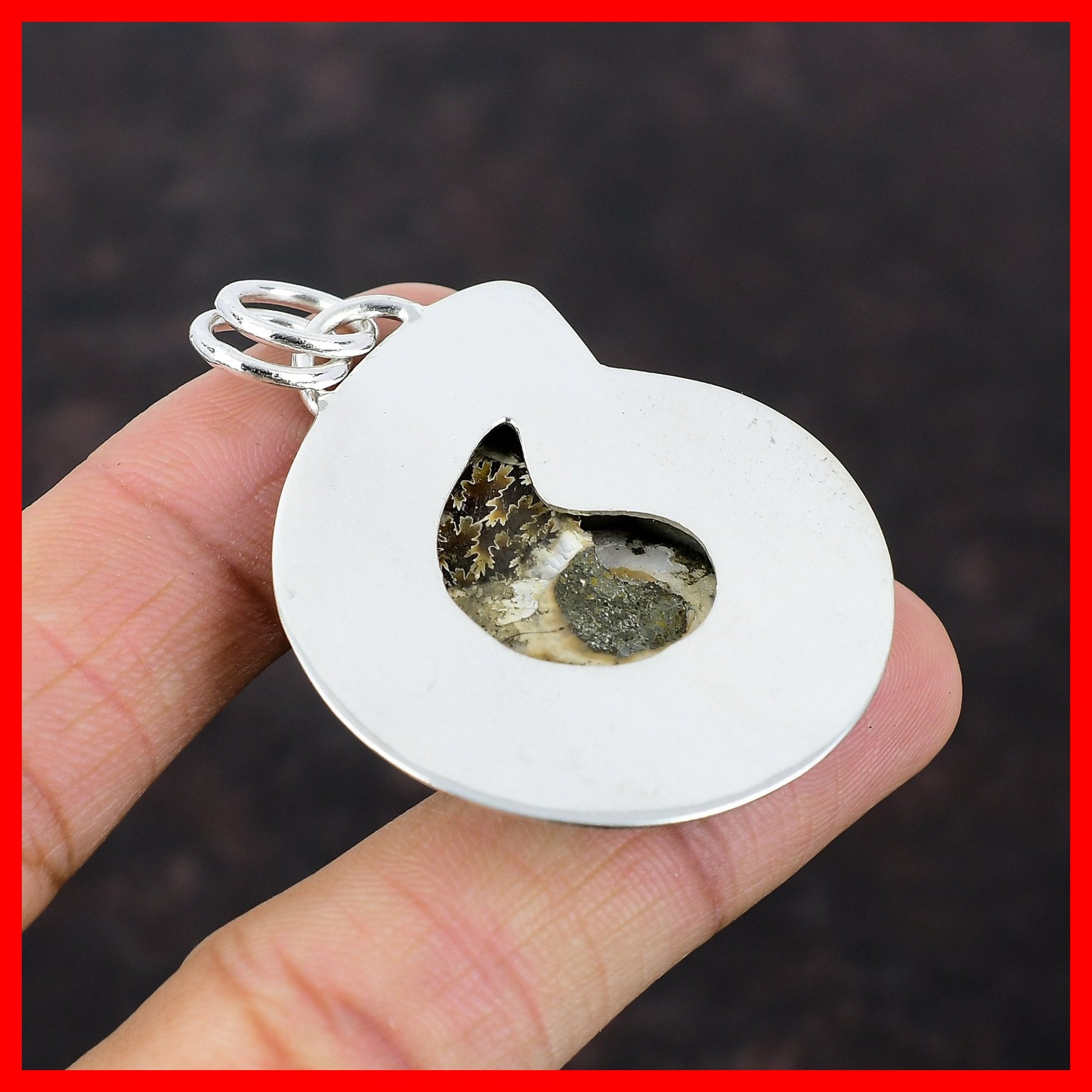 925 Sterling Silver Pear Ammonite Fossil Gemstone Handmade Anniversary Pendant