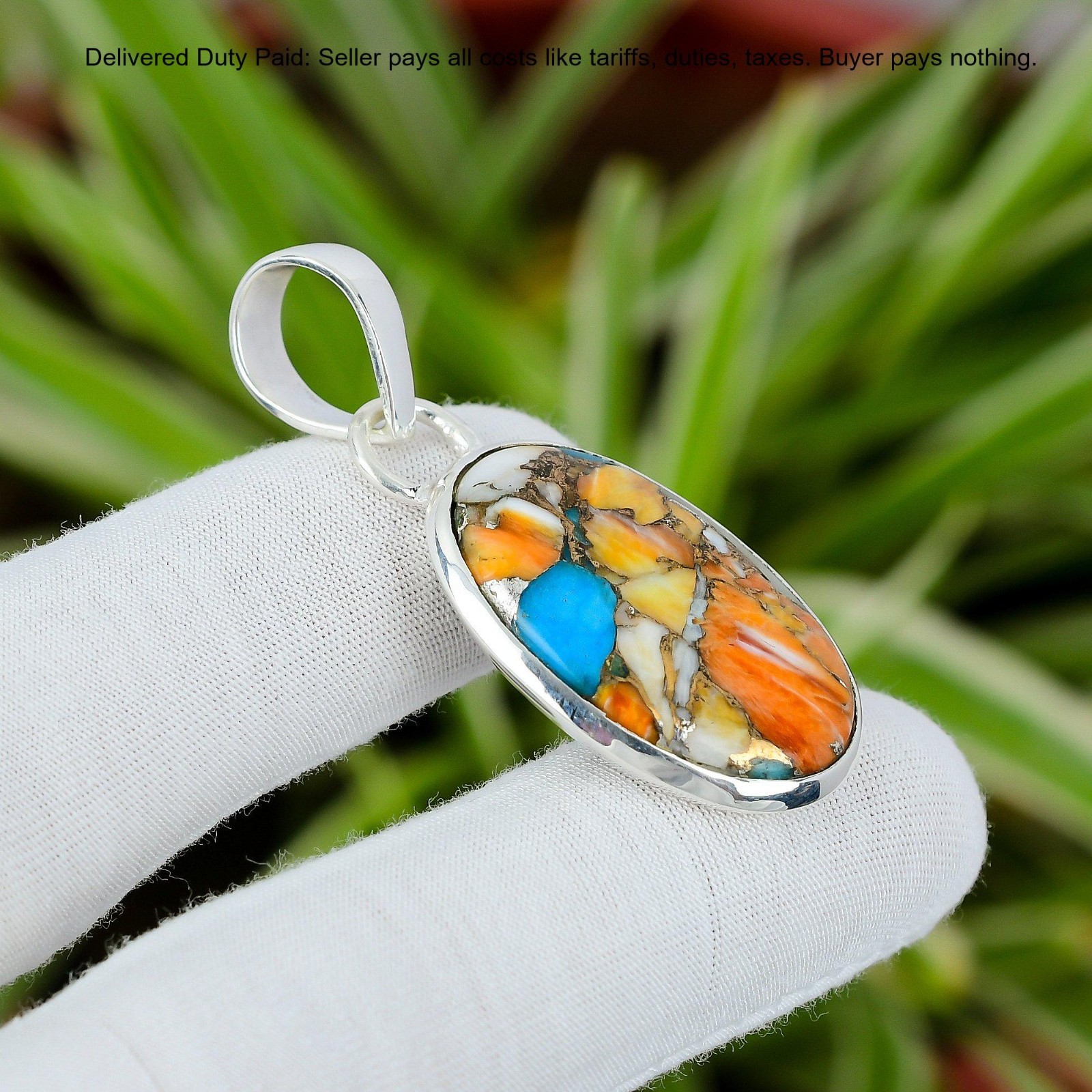 925 Silver Spiny Oyster Copper Turquoise Gemstone Bezel Boho New Pendant Jewelry