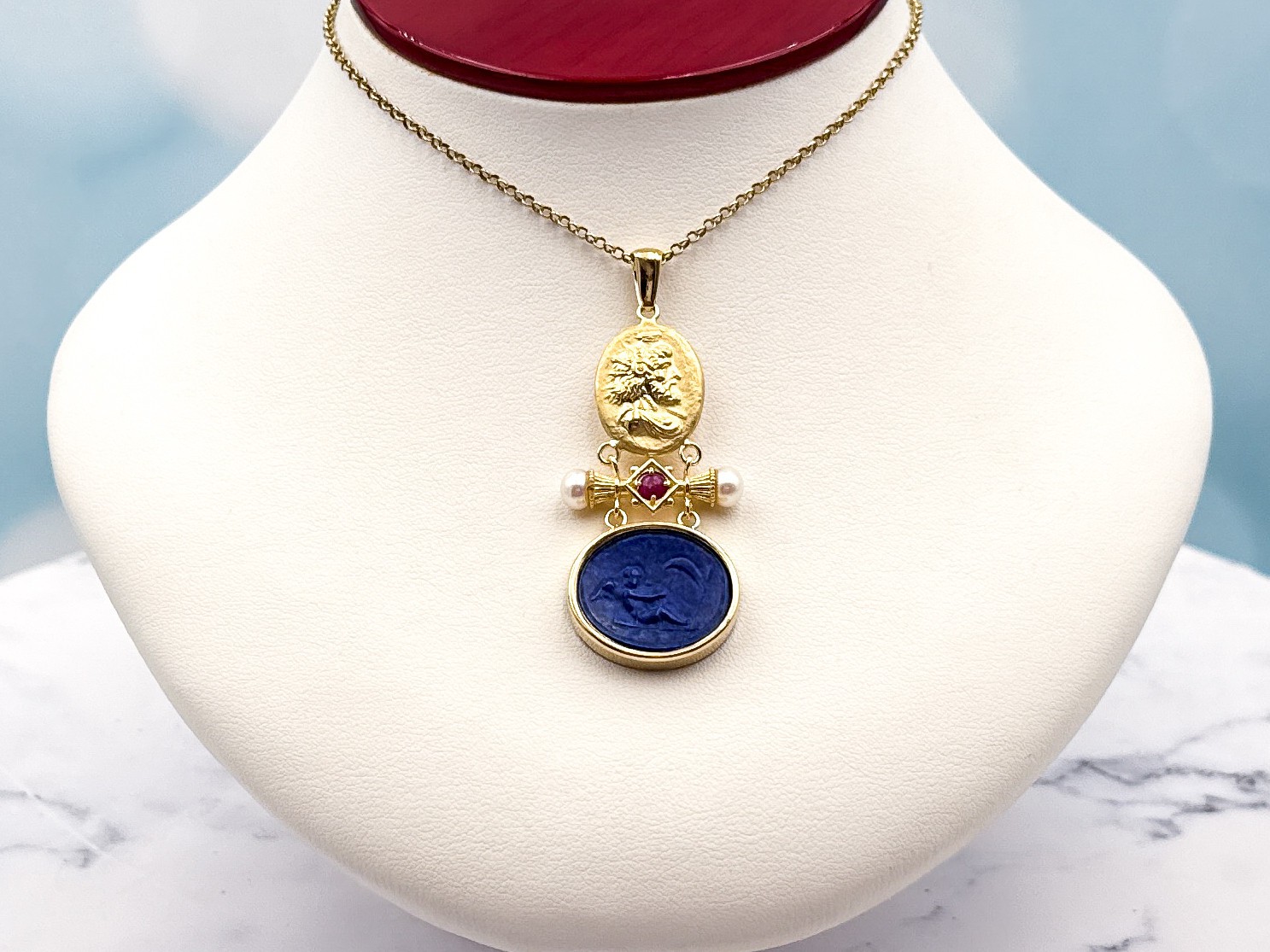 TAGLIAMONTE Designs (2385P-Lapis) 925SS/YGP Lapis Cameo Pendant *Cupid*Reg.$200
