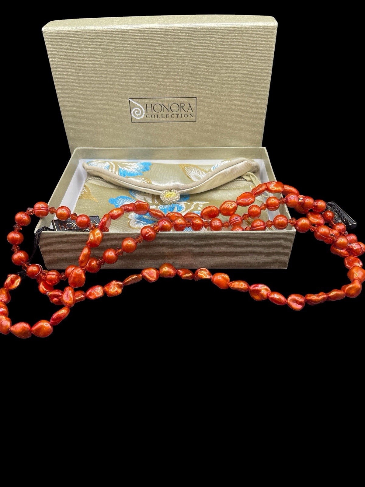 SET OF TWO STRANDS HONORA METALIC ORANGE FRESHWATER PEARL NECKLACES NEW IN BOX