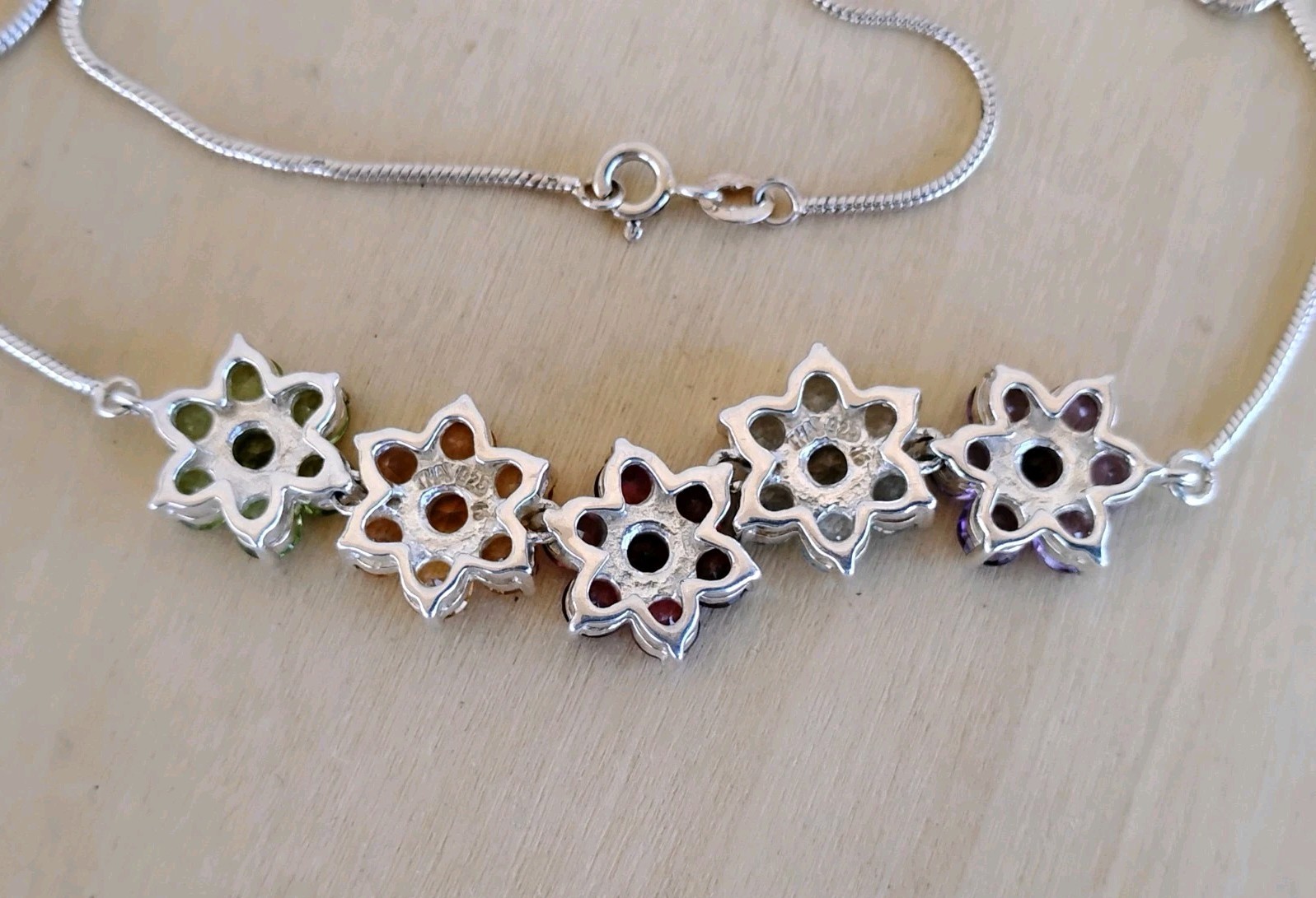 Thai Sterling Silver 925 Multi-Gem Floral Necklace Garnet Amethyst Topaz 20.5″