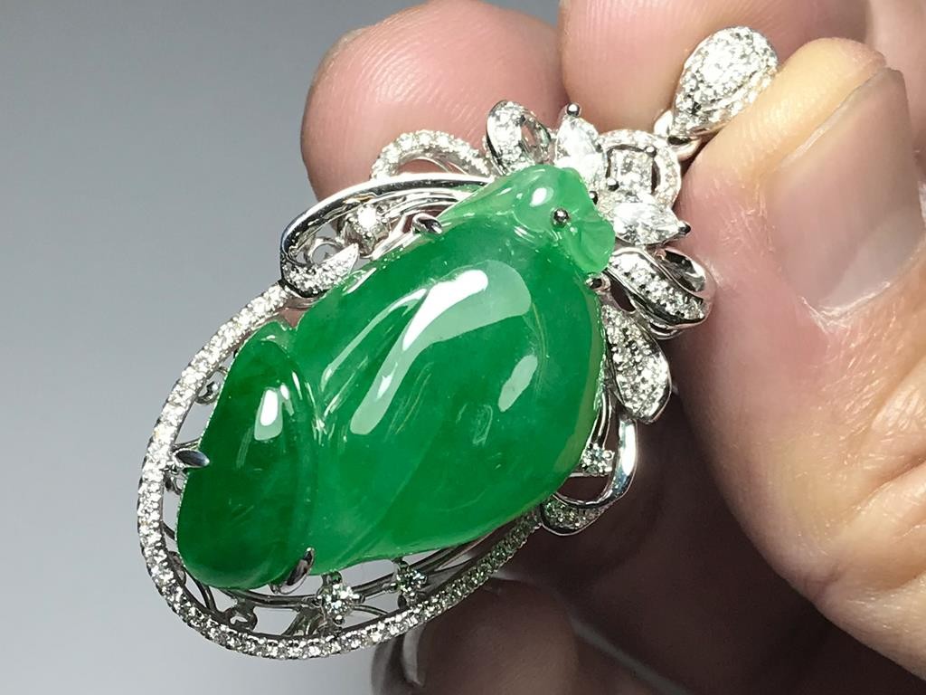 Male Organ God Rich Emerald Green Jadeite Jade 18K White Gold Diamond Pendant