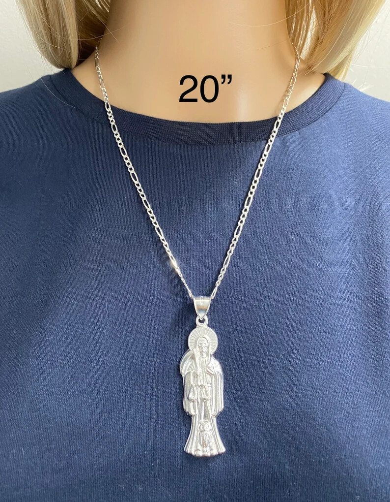 925 Sterling Silver Grim Reaper Santa Muerte Pendant / Figaro Necklace- ESP35