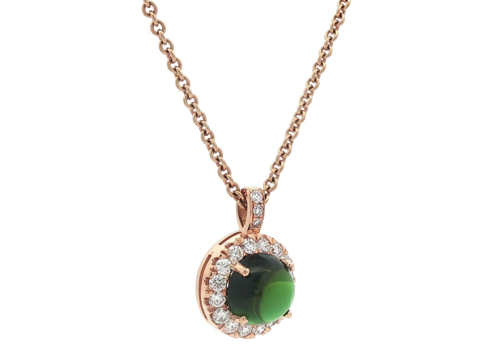 Rosy Yellow Gold High Quality Green Tourmaline Diamond Halo Pendant Necklace