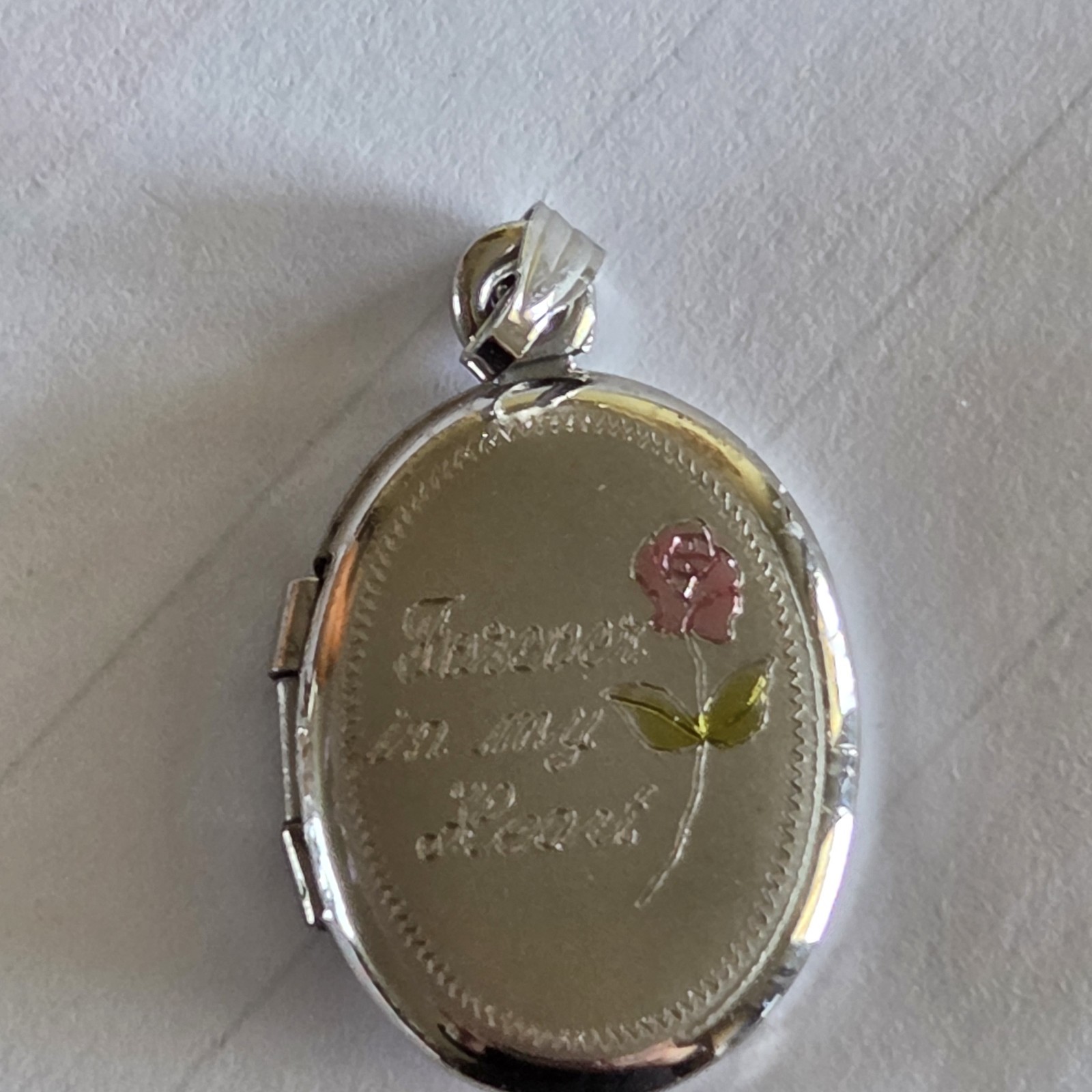 Sterling Silver Forever in my Heart Pink Rose Photo Locket Pendant Rememberance