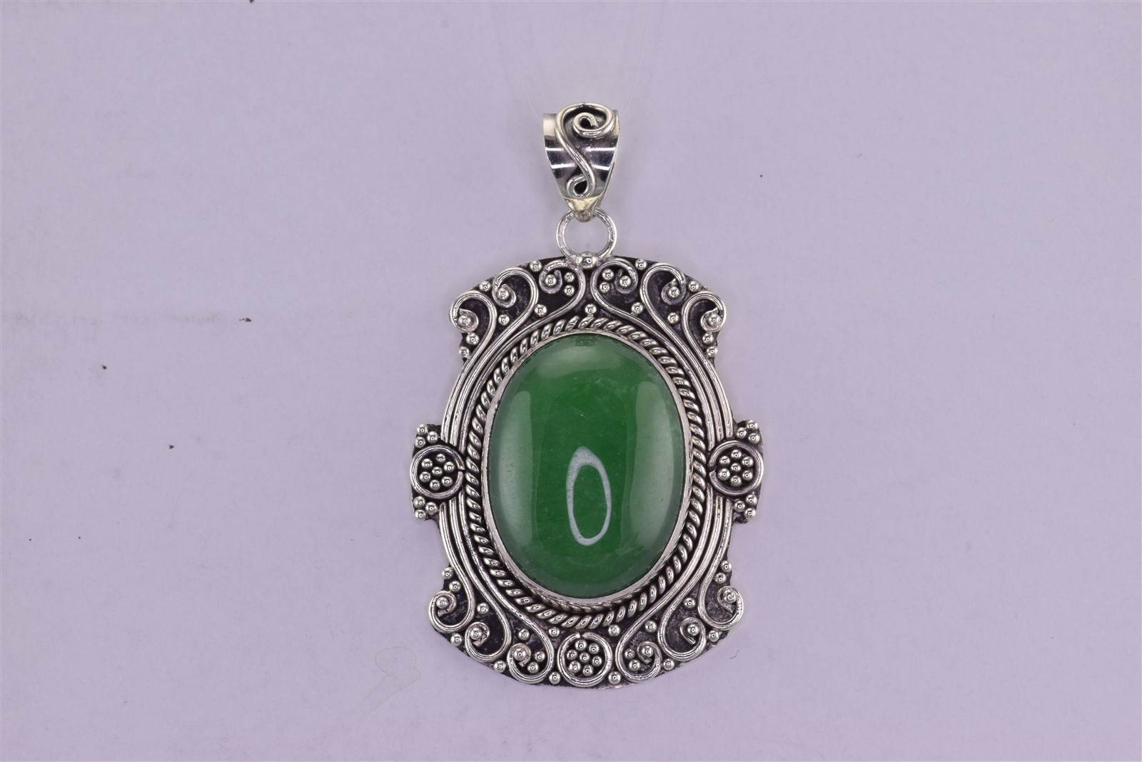 Sterling Silver 36mm x 26mm Oval Green Jade Balinese 10g Statement Pendant