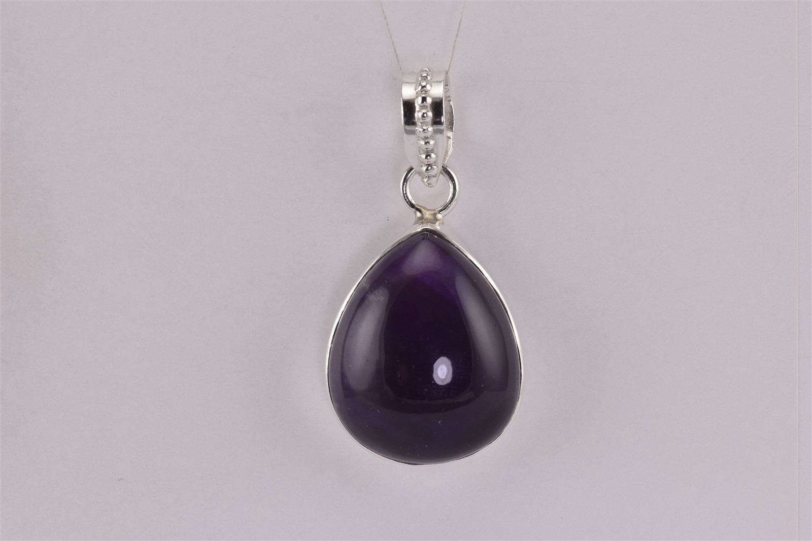 Sterling Silver 29mm x 26mm Polished Natural Amethyst Studded Bail Pendant 13g
