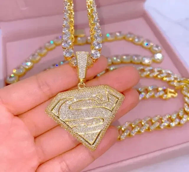 14k Yellow Gold Plated Men’s Round Cut 3Ct Moissanite Custom Superman Pendant