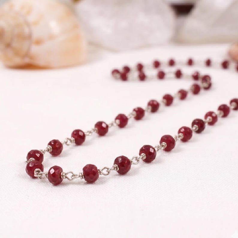 Natural Ruby Beaded Choker Necklace 925 Sterling Silver Rosary Handmader Jewelry