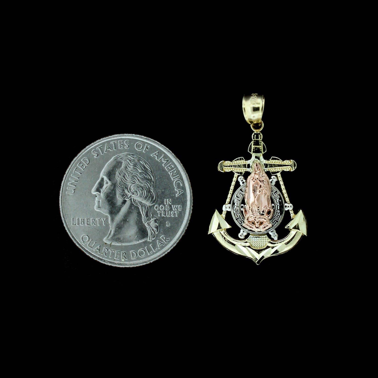 Real 10K Yellow White Rose Gold Diamond Cut Virgin Mary Anchor Cross Pendant