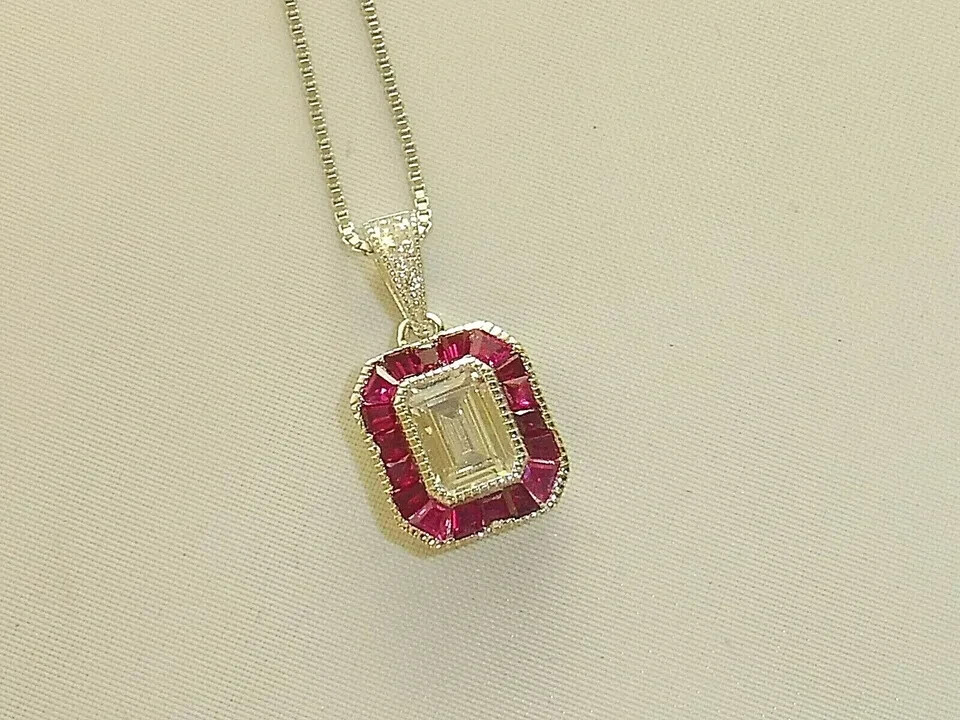 2.50Ct Art Deco Design White Lab-Created Diamond & Ruby Solid 925 Silver Pendant