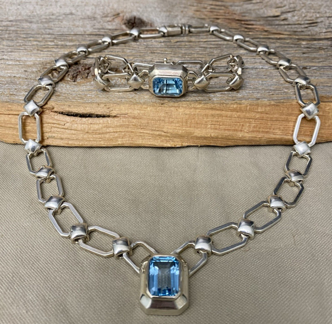 Sterling Silver 925 Blue Topaz Necklace and Bracelet Set