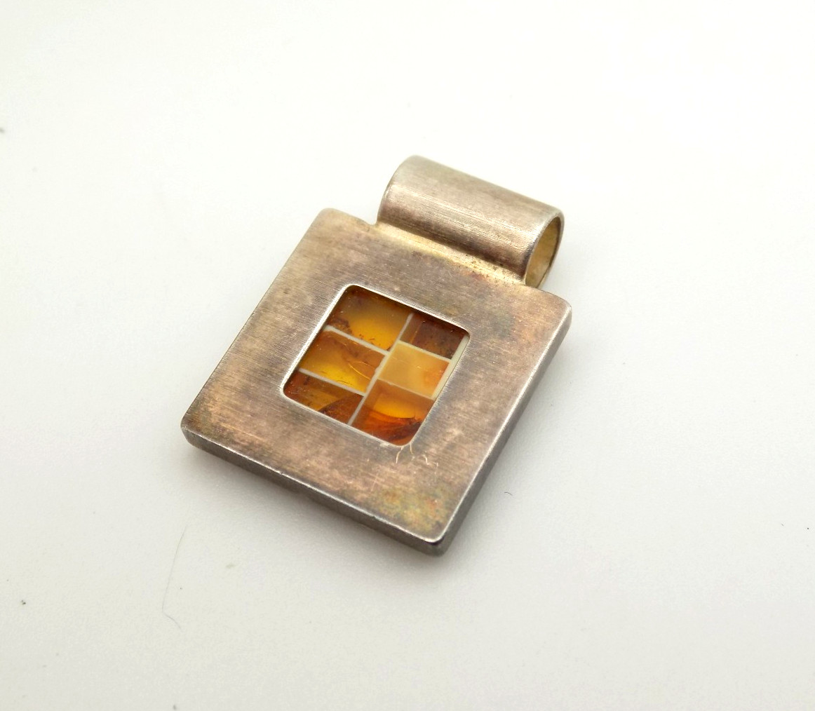 Sterling Silver Modernist Square Amber Pendant Slide Geometric