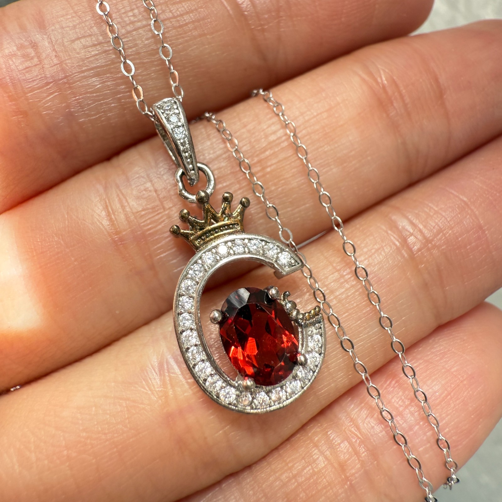 925 Sterling Silver Necklace 7x5mm Natural Garnet Zircon Crown Handmade Chain