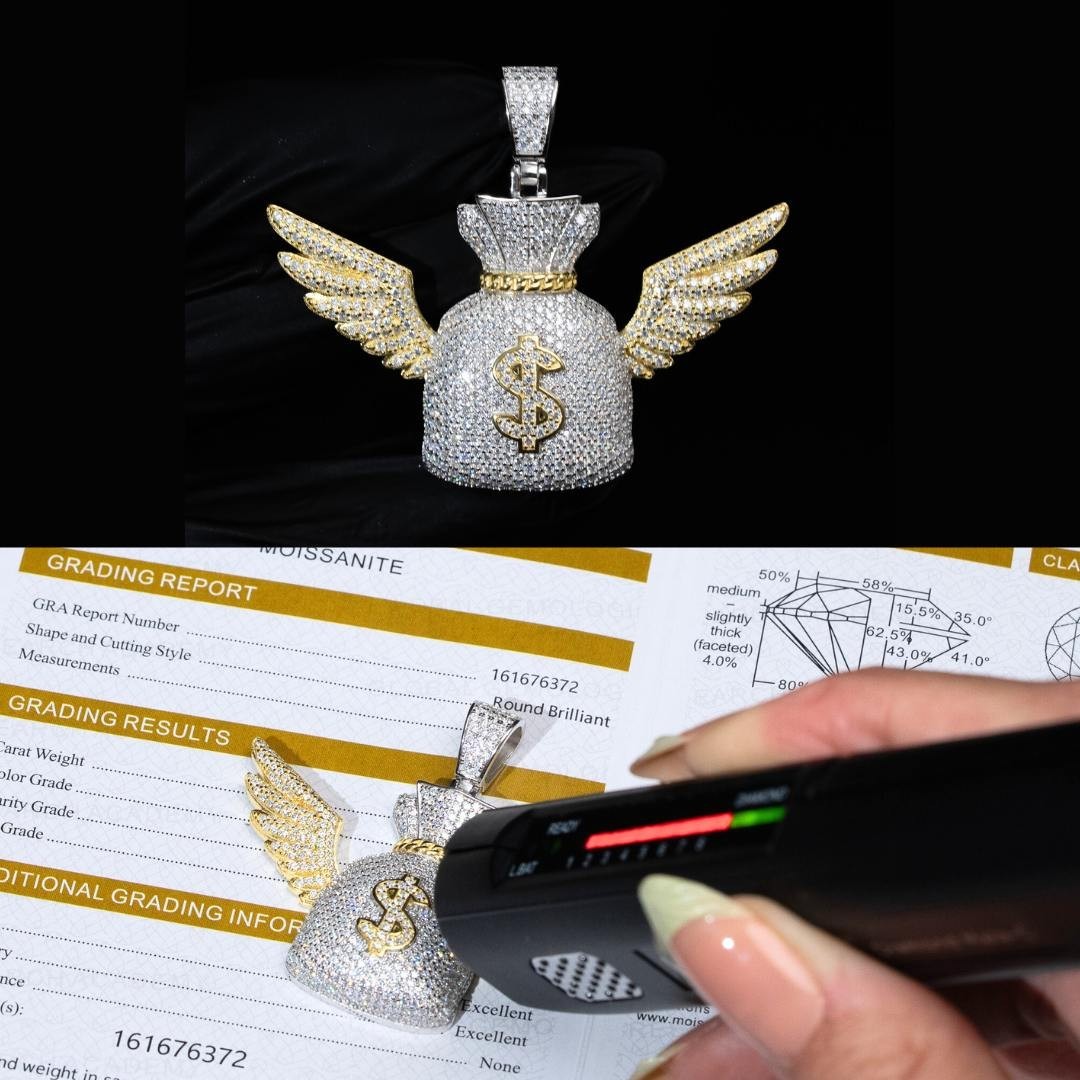 Mens MOISSANITE Two Tone Money Bag Pendant Real 925 Silver Hip Hop Passes Tester