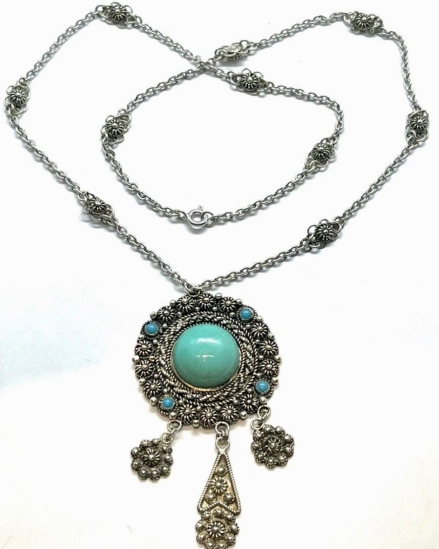 Vintage NU-NU Turkish 900 Silver Turquoise Canatelli Necklace 18” 19.6 grams