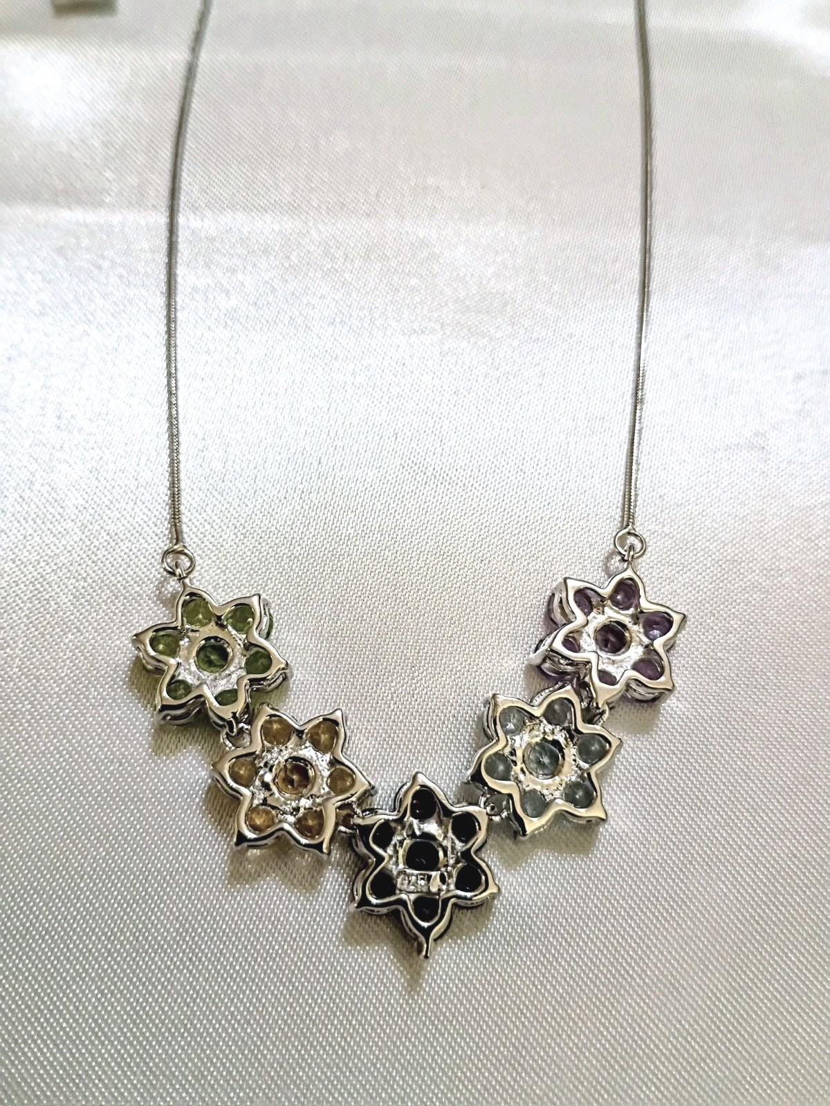 Silver Genuine Gemstone 5 Multicolor Flower Clusters 18″ Snake Chain Necklace