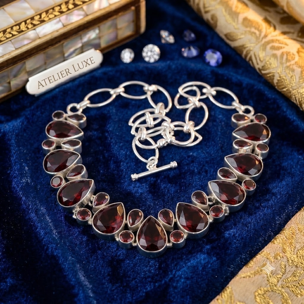 Red Garnet Gemstone Handmade 925 Sterling Silver Jewelry Necklace Size-18″